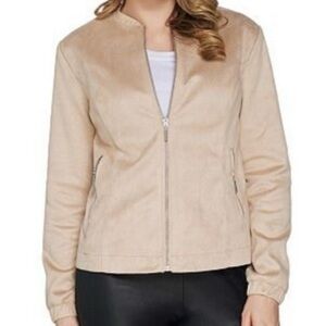 H by Halston Womens Faux Suede Zip Front Light Tan Moto Bomber Jacket Size 6